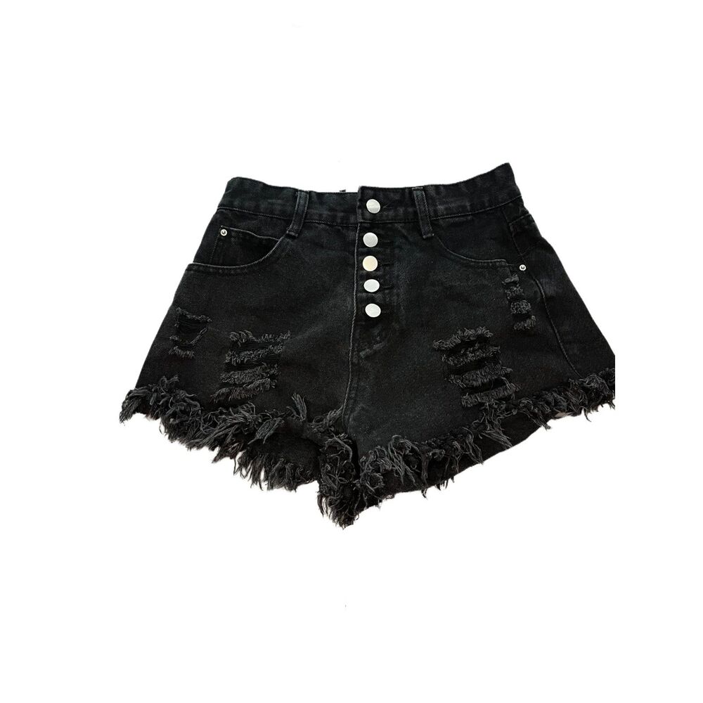 Black High-Waisted Distressed Button-Fly Shorts - Size Small